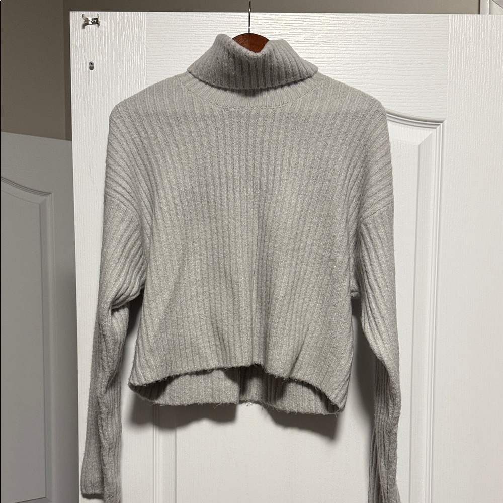 Gray Turtleneck Ribbed Sweater
